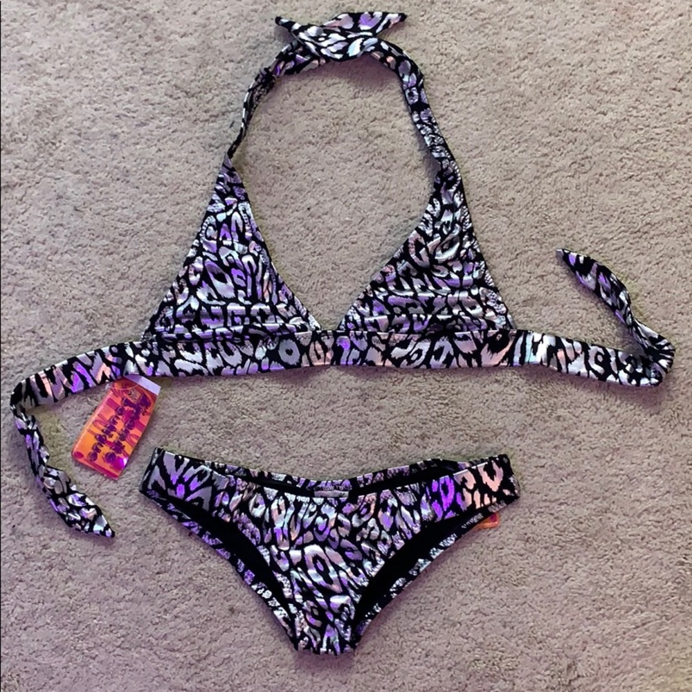 Chrome Leopard Hipster Halter Scrunch Bikini NWT S